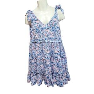 Simply Southern Dress Women's L Blue Floral Tiered Sleeveless Resort Shift